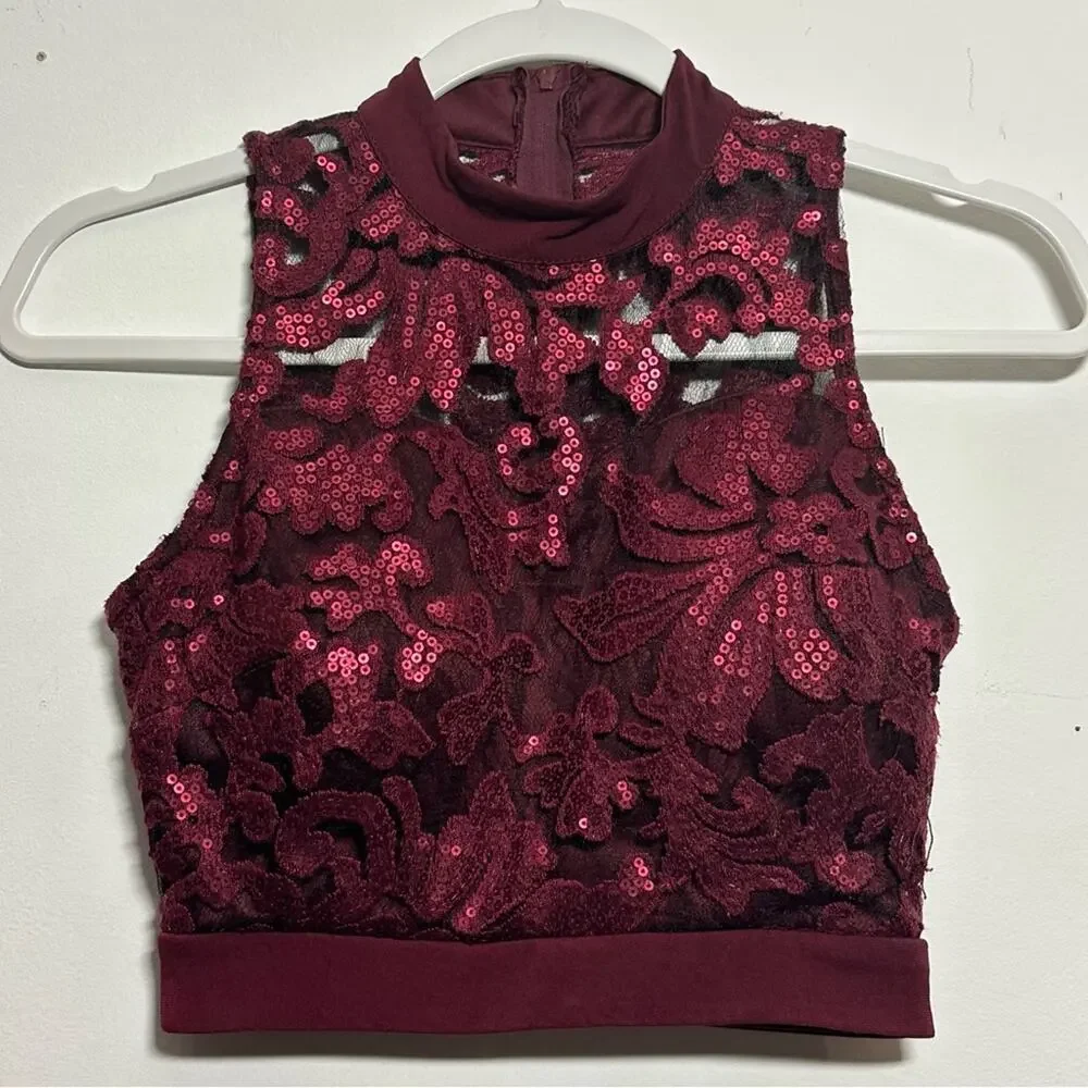 Sparkling Elegance Speechless Burgundy Lace Sequin Crop Top Size Adult 0 Dance